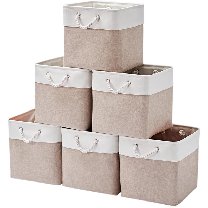 Cube Storage Bins, 6 Pack Large Collapsible Fabric Storage Bin With Ropes, Foldable Storage Cubes For Home, Office,Closet, Clothes, Toys Organizer