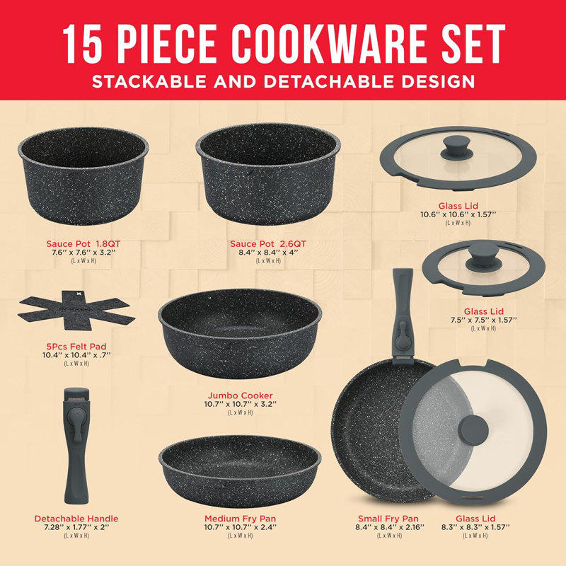Bakken 15-Piece Black Granite Non-Stick Cookware Set with Detachable Handles