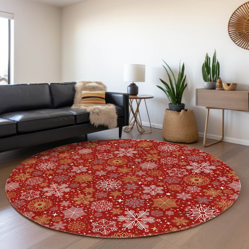 Red Round Synthetic Snowflake Washable Rug, 8' x 8'