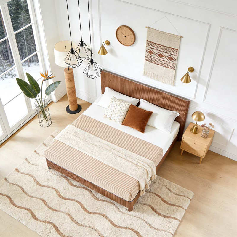 Lit en bois ondulé, lignes courbes, aucun sommier nécessaire, Noyer, Lit double