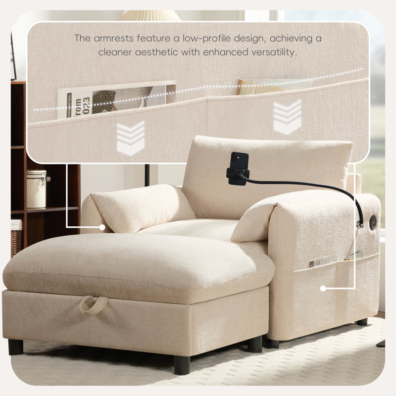 Canapé simple avec repose-pieds 56,5 po Chenille, Beige