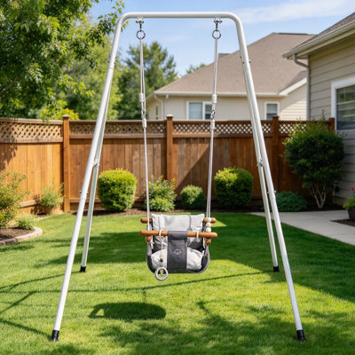 2 in 1 Toddler Swing and Jumper with Foldable A-Frame Metal Stand, Soft Cushioned Fabric Swing Seat, Adjustable Thick Ropes, Indoor Outdoor Baby Bouncer Swing Set