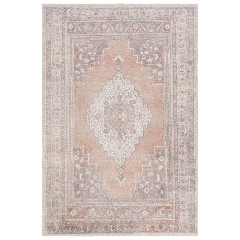 Ashbie Vintage Hand Tufted Pet Yarn/Cotton Oriental Rug in Ivory/Light Rust, Rectangle 5' x 8'