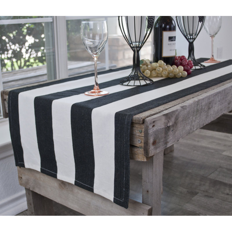 Cotton Black And White Stripe Table Runner, 53.5" x 17"