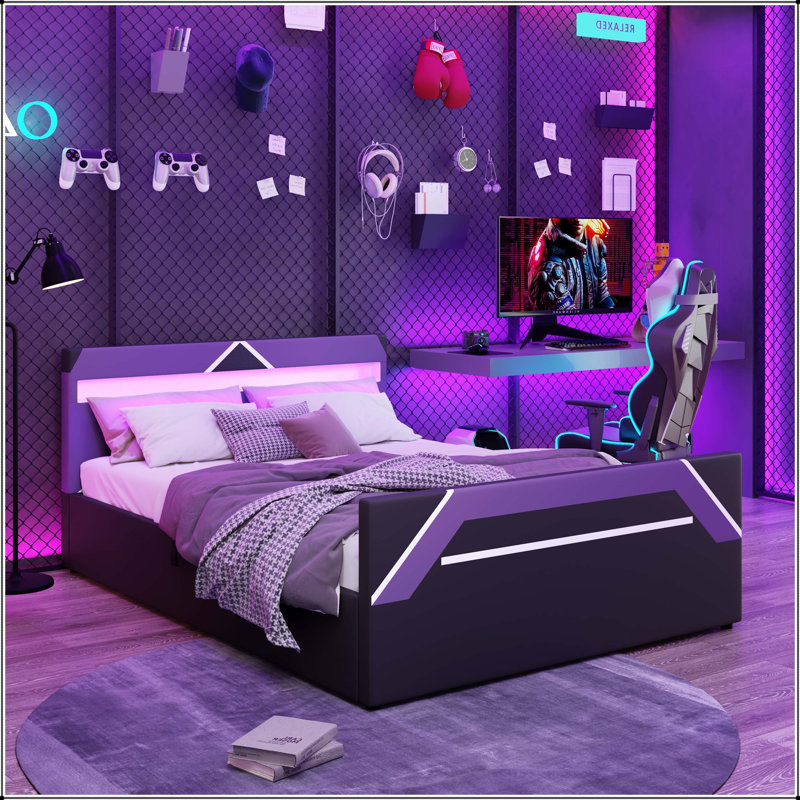 Grand lit de jeu avec tête de lit à DEL 7 couleurs et rangement hydraulique, Mauve et noir