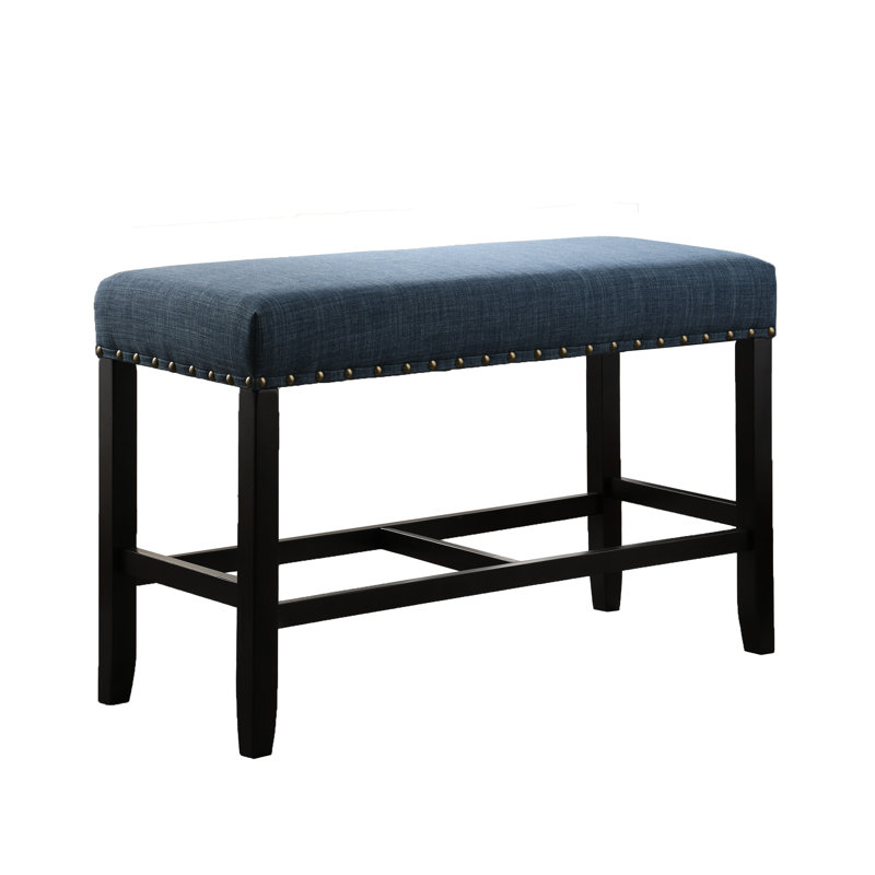 Blue Upholstered Bench For Dining With Stable Solid Hardwood Support And Decorative Trim Fabric In Seat Sophisticated, Blue