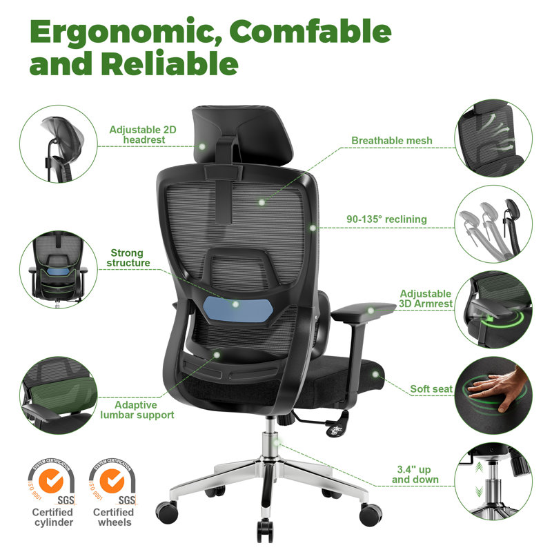 Mersed Office Chair Ergonomic Office Chair with Adaptive Lumbar Support, Mesh Computer Desk Chair with High Back, Adjustable Headrest&Tilt Function, Rolling Work Swivel Task Chairs with Wheel 3D Armrests
