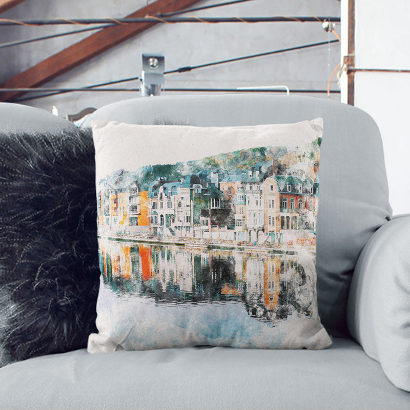 Row of Houses in Dinant Belgium Cushion with Filling, 40cm H x 40cm W x 15cm D, Stone