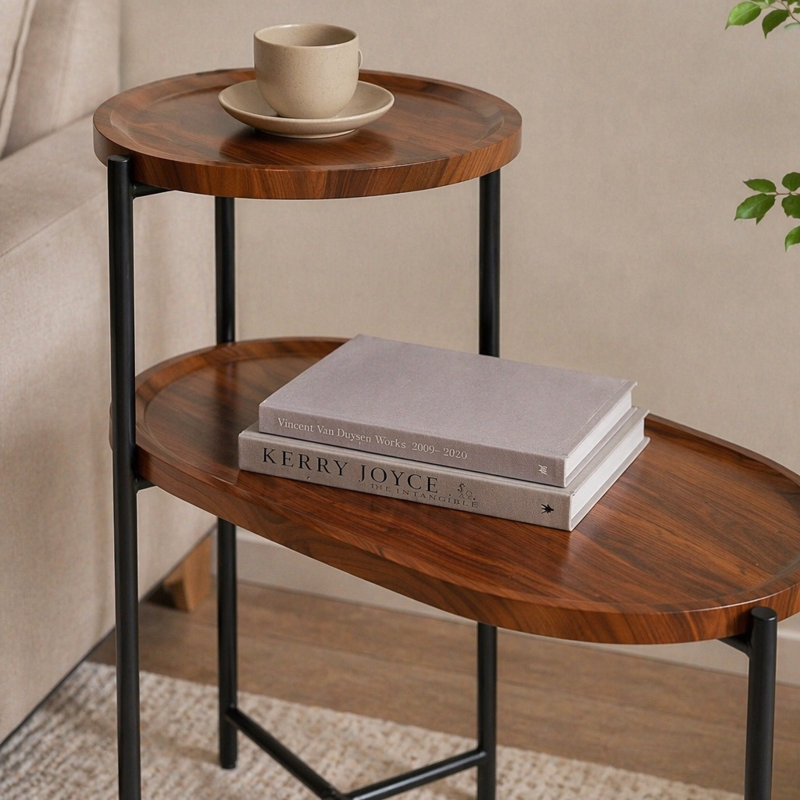 Petites tables basses Canapé moderne à 2 niveaux avec tablette de rangement et tables de bout en bois Tables de chevet (brun noyer)