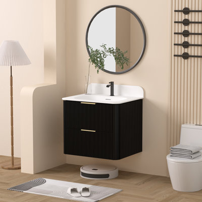 Meuble-lavabo flottant 24 po avec lavabo en acrylique intégré, meuble-lavabo mural au fini chêne noir et tiroirs à fermeture en douceur