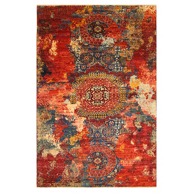 Tapis rouge / or / brun noué à la main de haute qualité
