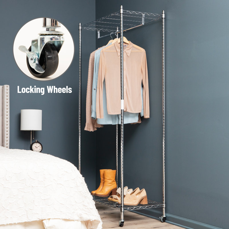 Portant à vêtements robuste avec barre ajustable, double tablettes et roues verrouillables Mind Organiser