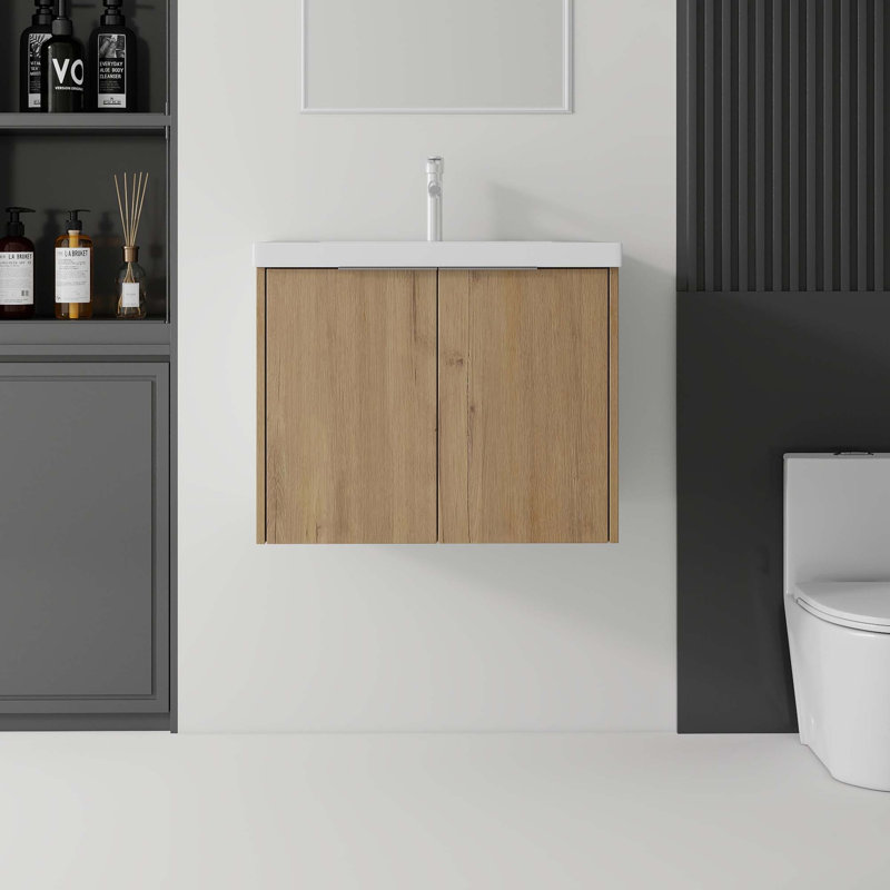 Meuble-lavabo flottant avec lavabo en céramique et portes à fermeture en douceur, Chêne