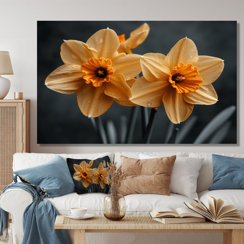 Monochromes jaunes et gris lumineux, jonquilles de luxe - jonquilles murales, Toile tendue, H 40 po x l 60 po
