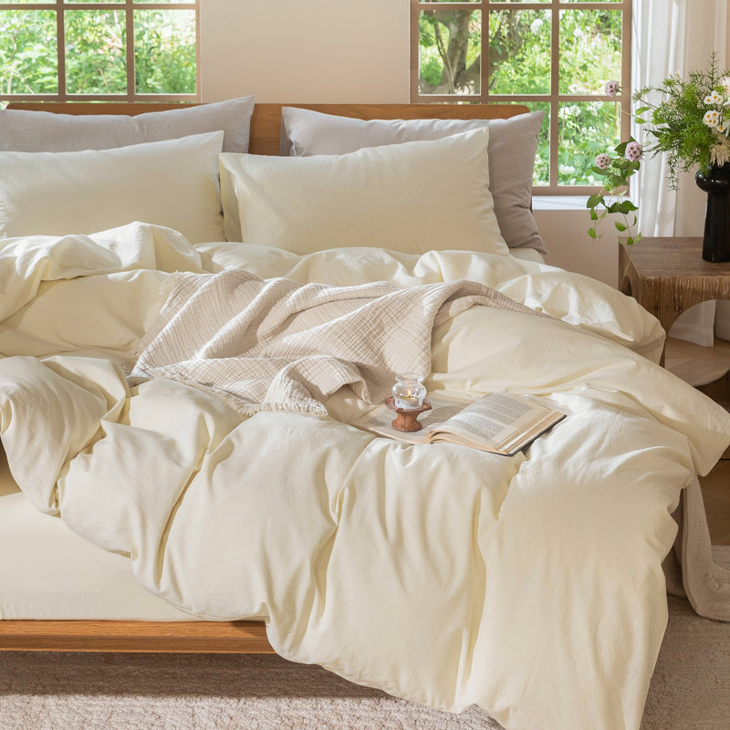 Ensemble de housse de couette légère avec fermeture à glissière 8 attaches 100% coton lavé MooMee, Blanc, crème