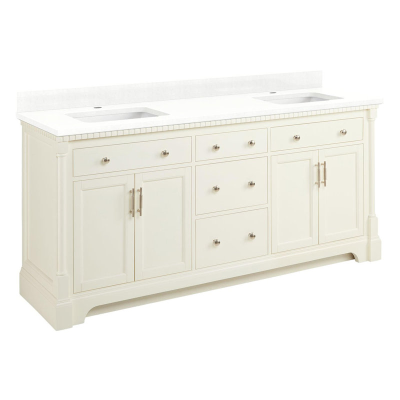 Claudia 72" Freestanding Mahogany Double Basin Vanity Set with Cabinet, Vanity Top, Feathered White Quartz, White