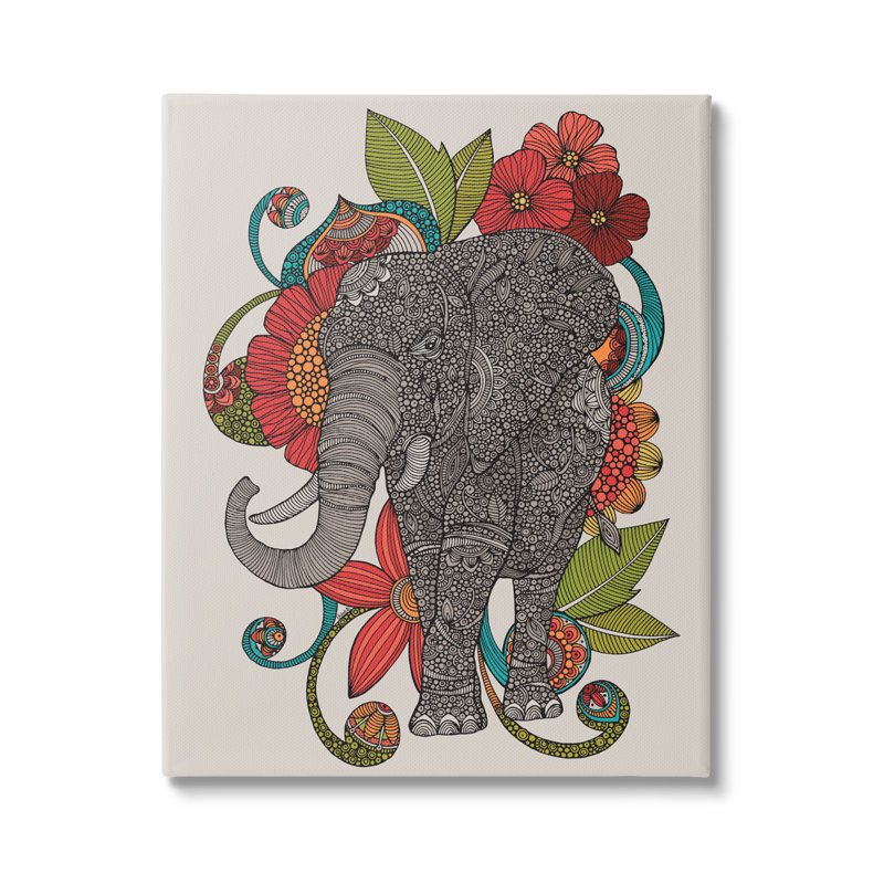 Éléphant sauvage entouré de motifs de mandala de fleurs élaborées par Valentina Harper - impression sur toile tendue