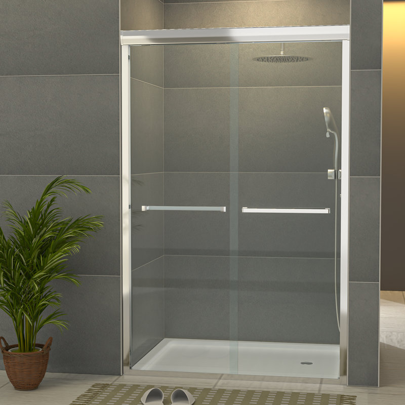 Porte de douche coulissante double 48 po x l 48,3 po x H 76 po avec verre trempé transparent, Chrome