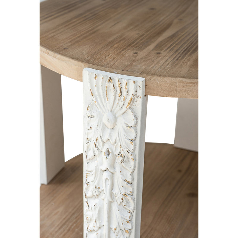 20X20x19.7" Round Two-Tiered Wooden Side Table With Natural Brown Finish And Distressed White Legs