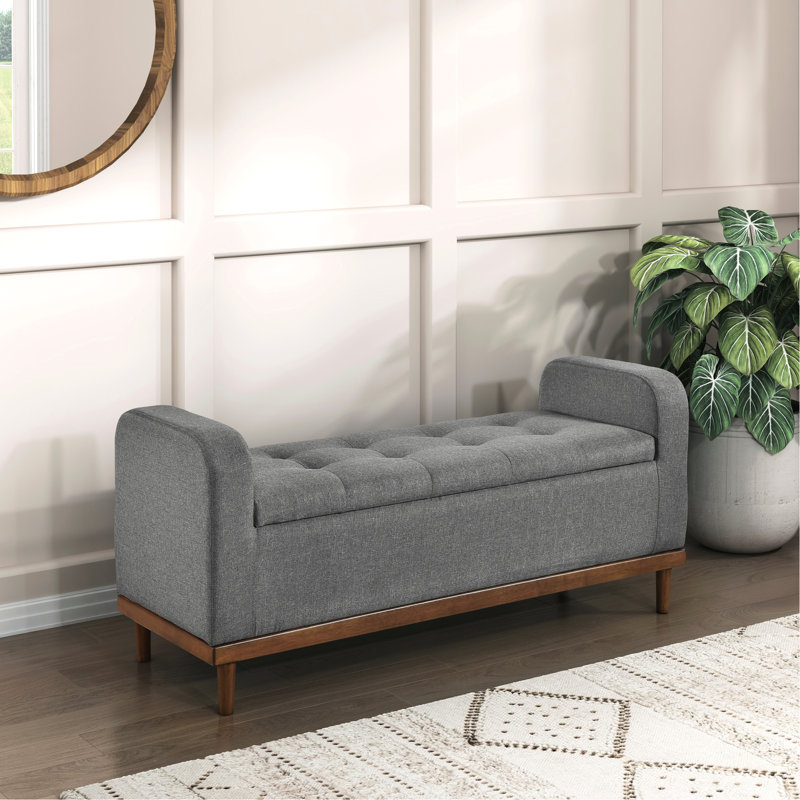 Banc de chambre à dessus relevable, revêtement Mid-Century moderne, tissu texturé gris, rangement de meubles en bois massif