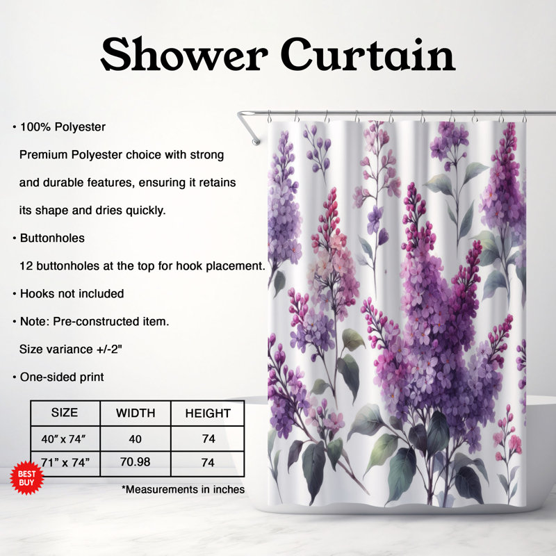 Rideau de douche standard 1 pièce Soft Lilacs, H 74 po x l 71 po