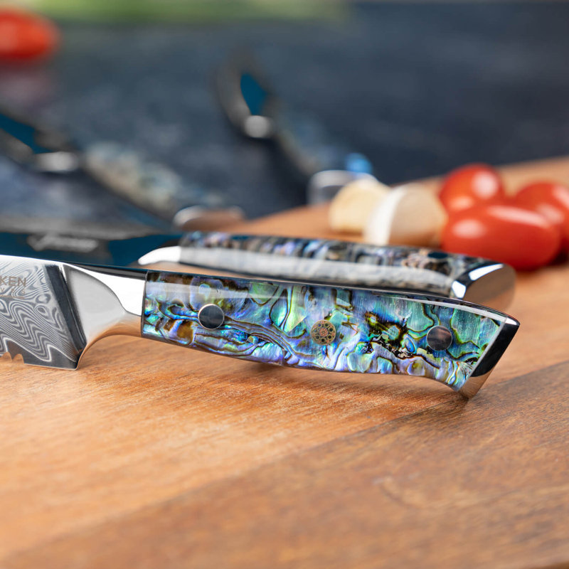 8" Damascus Steel Bread Knife with Real Abalone Shell Handle - Japanese VG10 67-Layer Damascus Steel - 8" Serrated Blade, Luxury Gift Box - Senken Knives