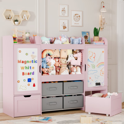 61" W Toy Storage Organizer, Kids Toy Storage With Stuffed Animal Storage, 2 Movable Toy Box, 4 Storage Bins And 2 Magnetic Board, Montessori Bookshe by Isabelle & Max