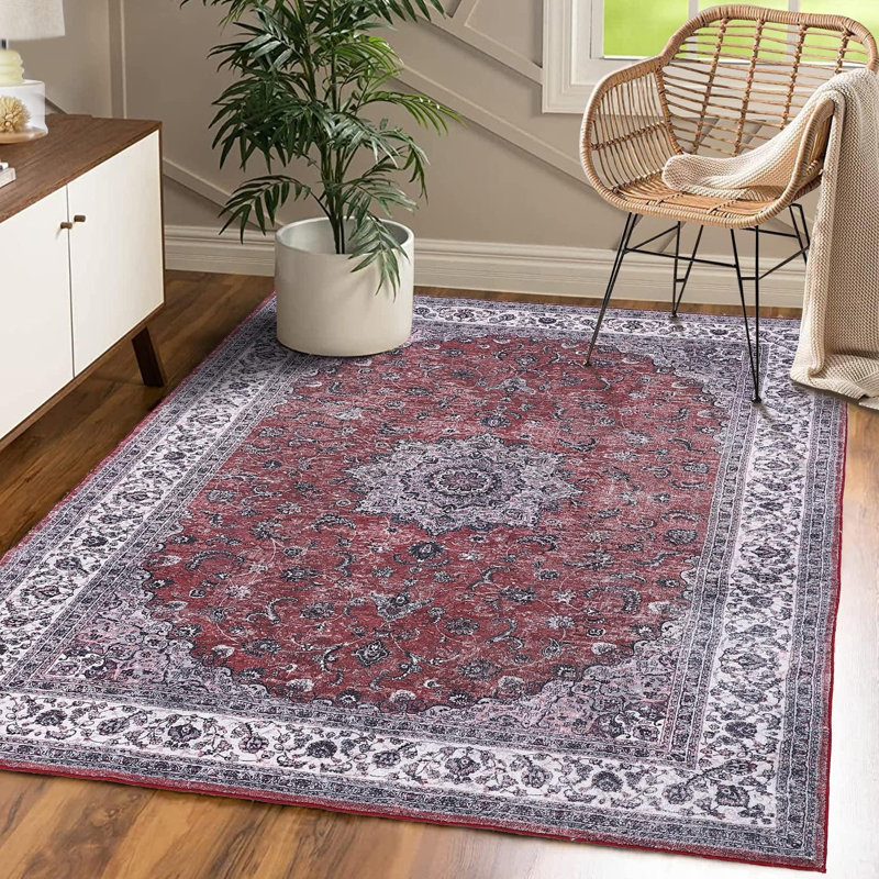 Floral Machine Printed Area Rug, Rectangle 160 cm x 230 cm, Red
