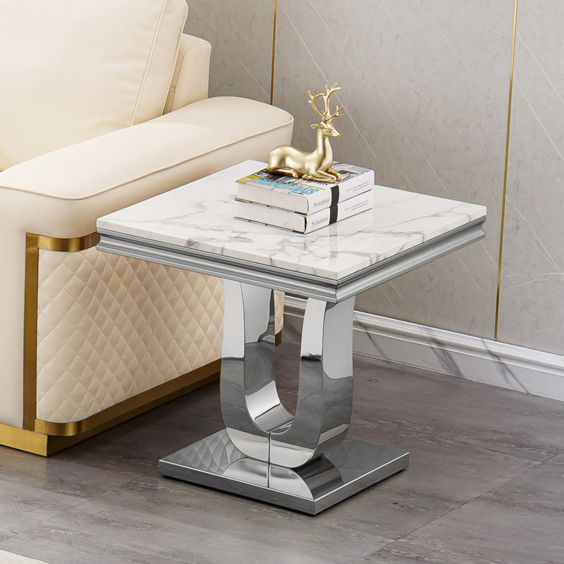 White Square End Table for Living Room Bedroom, Faux Marble End Table with Single U-Shaped Stainless Steel Base, Mid Century Modern Side Table Bed Side Table, Luxury Sofa Side Table