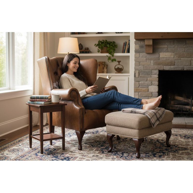 Upholstered Full Grain Leather Wingback Chair, Antique Tan