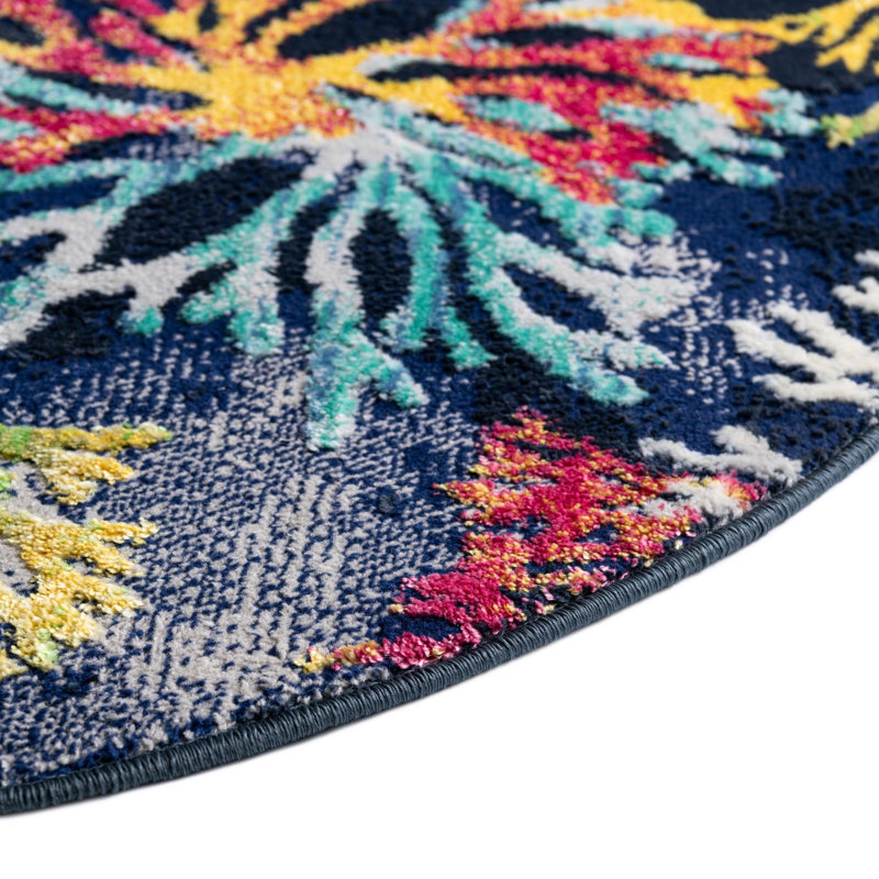 Tapis champêtre et floral de couleur turquoise-denim, Rond 7 pi