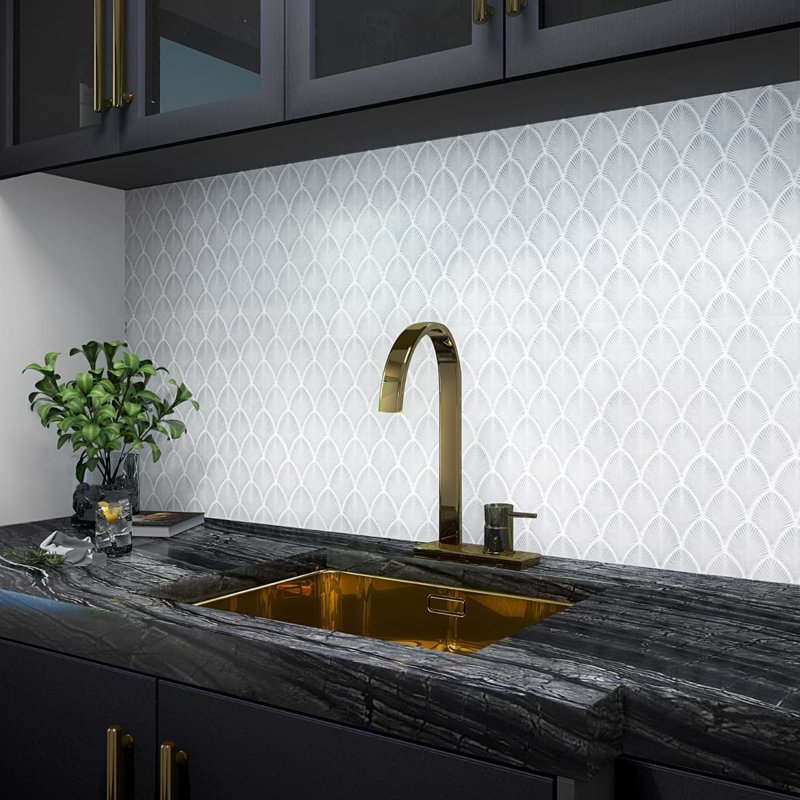 Nabi 3x4 Fishscale Crackled Glossy Glass Mosaic Tile, Arctic Blue