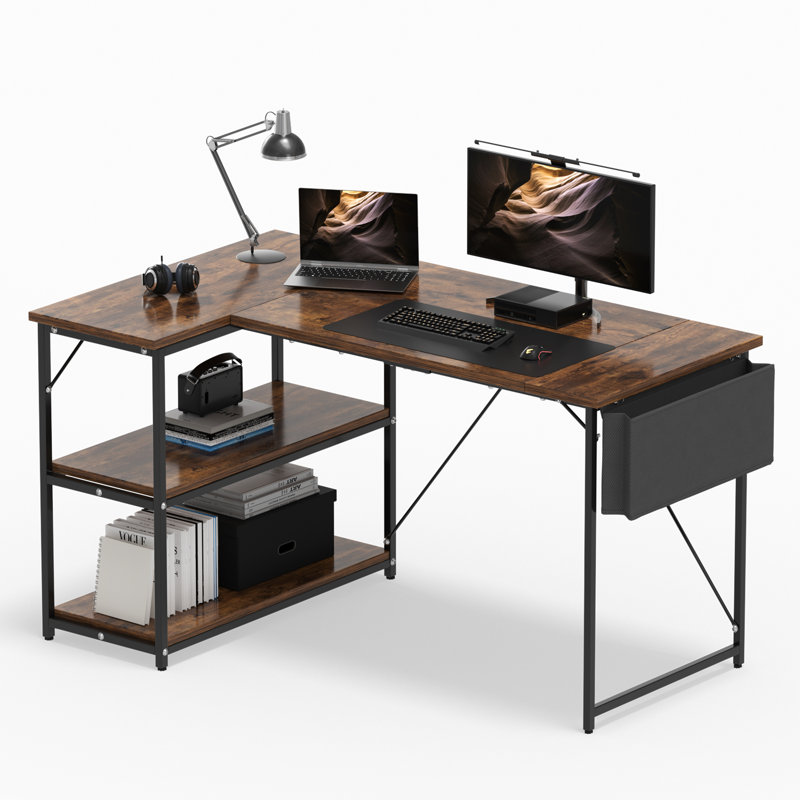 Besender L-Shaped Metal Base Writing Desk, Coffee/Black
