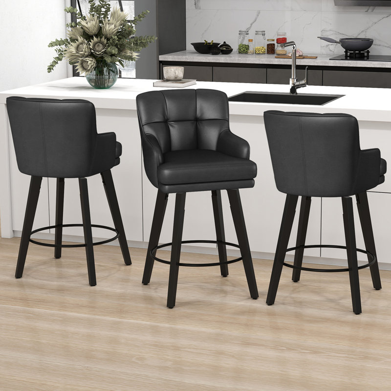 26''H Upholstered 360°Swivel Counter Height Bar Stools, Wood Legs Kitchen Island Chairs, Black, 3