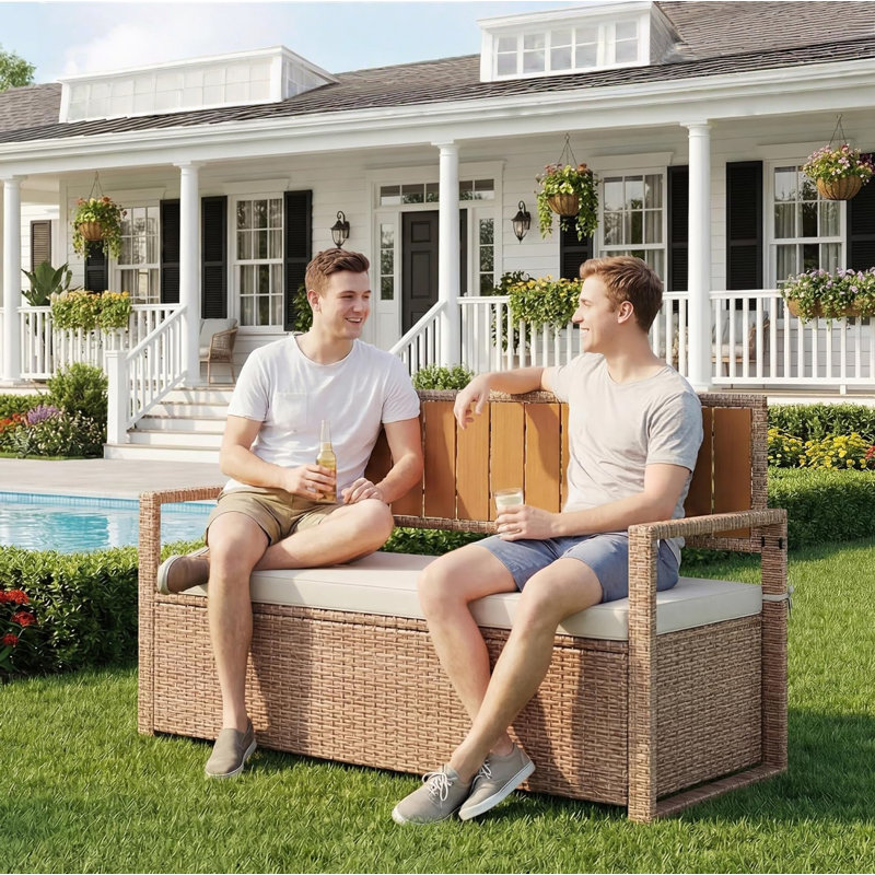 Outdoor Storage Bench with Cushion, PE Rattan Patio Bench with Backrest, Armrests and Metal Frame, Waterproof Deck Box Seat for Porch, Backyard & Poolside