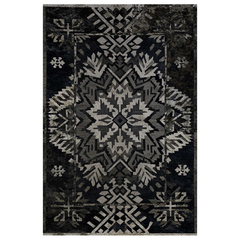 Rayhan Collection Digital Print Cotton-Polyester Black Moroccan Rug, Rectangle 3'4" x 5'