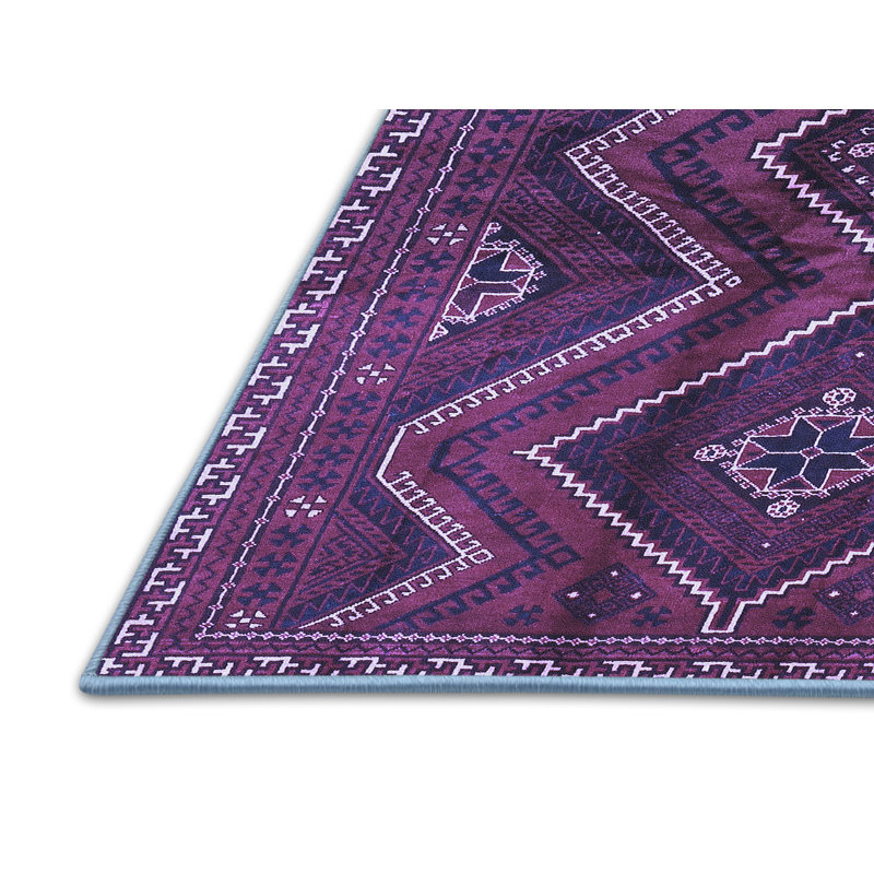 Tapis géométrique en laine / polyester tissé à la machine bleu foncé / mauve, Rectangle 7 pi x 9 pi