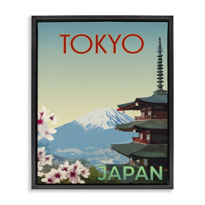 Cadre flottant rétro de style paysage de Tokyo, design par Victoria Barnes, H 21 po x l 17 po, Cadre flottant noir de jais
