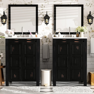 Armoire de salle de bain 48 po, double meuble-lavabo, lavabo en céramique, bois massif, apparence antique fabriquée à la main, meuble-lavabo à fermeture en douceur avec + couleur, apparence faite à la main