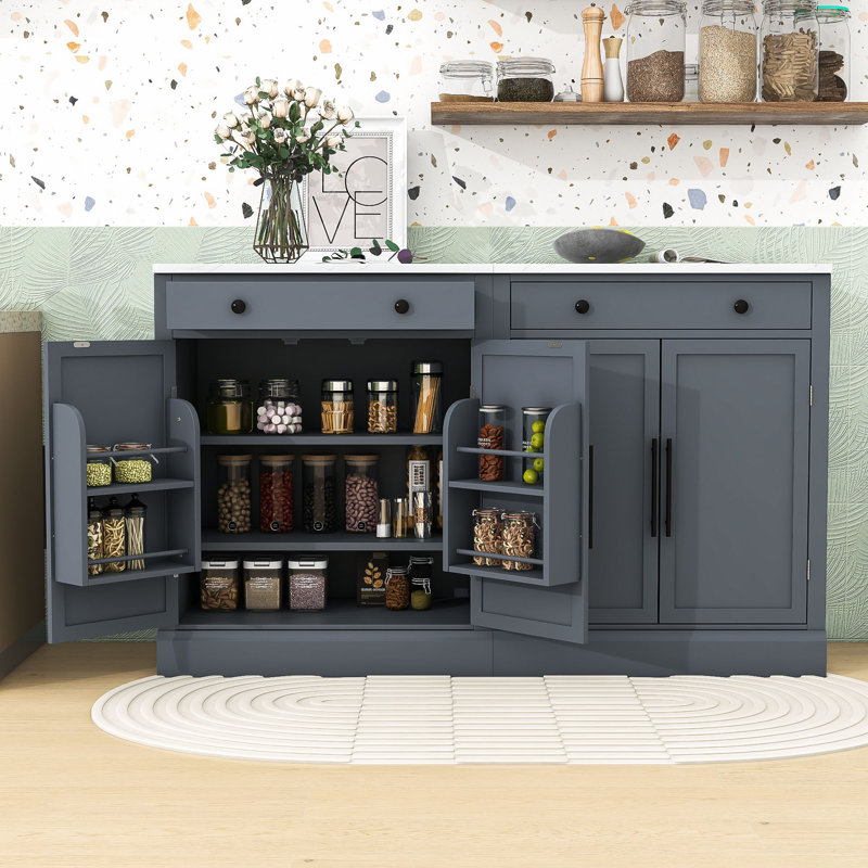 Garde-manger moderne 2 pièces avec tablettes réglables, tiroir et plateau en faux marbre, Gris