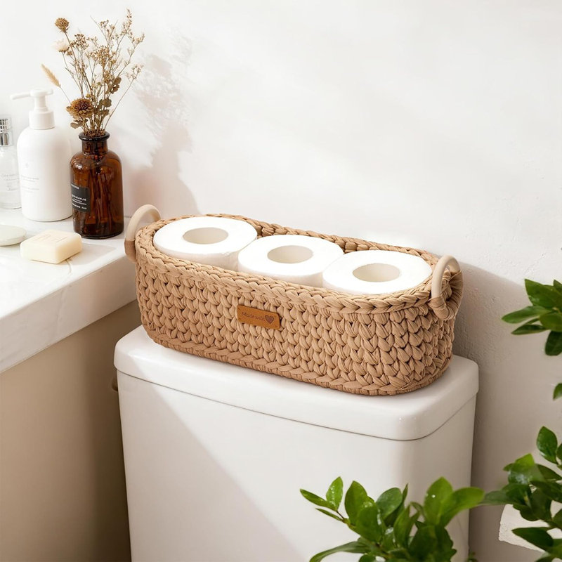 Panier de rangement en papier de toilette tissé à la main avec base en bois et poignées, organisateur de salle de bain Boho, brun