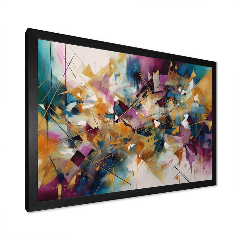 «Golden Explosion Triangles I», art abstrait sur toile géométrique, Impression noire sur toile encadrée