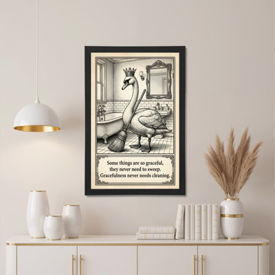 Cygne avec couronne et balai, toile tendue sur toile, impression rétro en noir et blanc