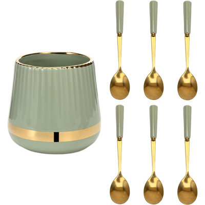 6PCS Coffee Spoons With Ceramic Jar Holder, Small Stainless Steel Gold Tea Spoons, Mini Dessert Spoons Set For Fruit, Stirring, Mixing, Sugar, Ice Cream, Cake