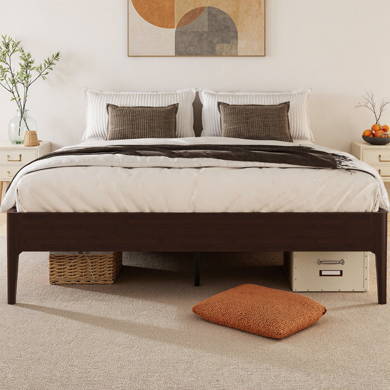 Base de lit plateforme en bambou massif de 15 pouces de hauteur avec support en métal, base en lattes de bois minimaliste moderne, aucun sommier tapissier requis, sans bruit, assemblage facile