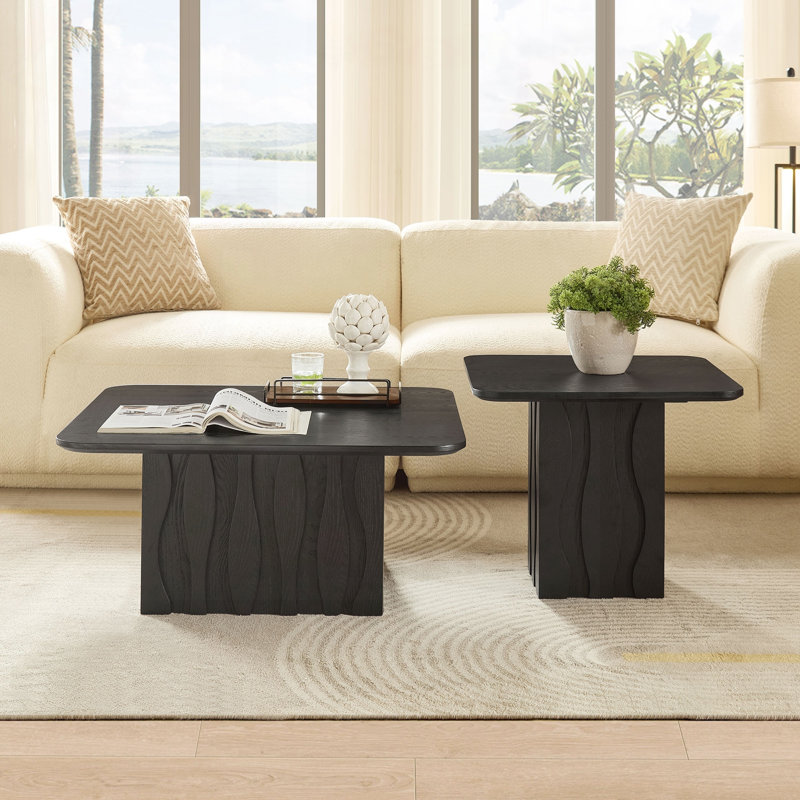 Ensemble de tables basses gigognes 2 pièces avec base cannelée ondulée, Black