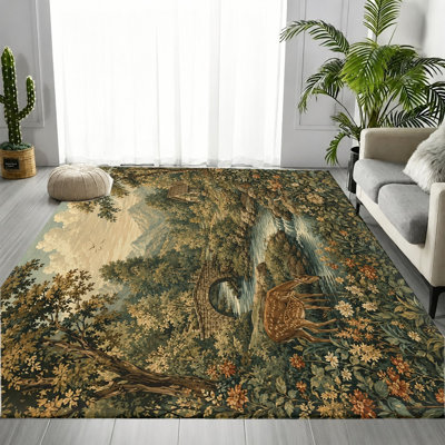 Tapis rétro à motif de cerf à motif de ruisseaux de forêt rétro, motif de pont artistique artistique, tapis doux et durable, tapis antidérapant lavable à la machine, décoration intérieure élégante pour salon, chambre à coucher, bureau, couloir, appartement