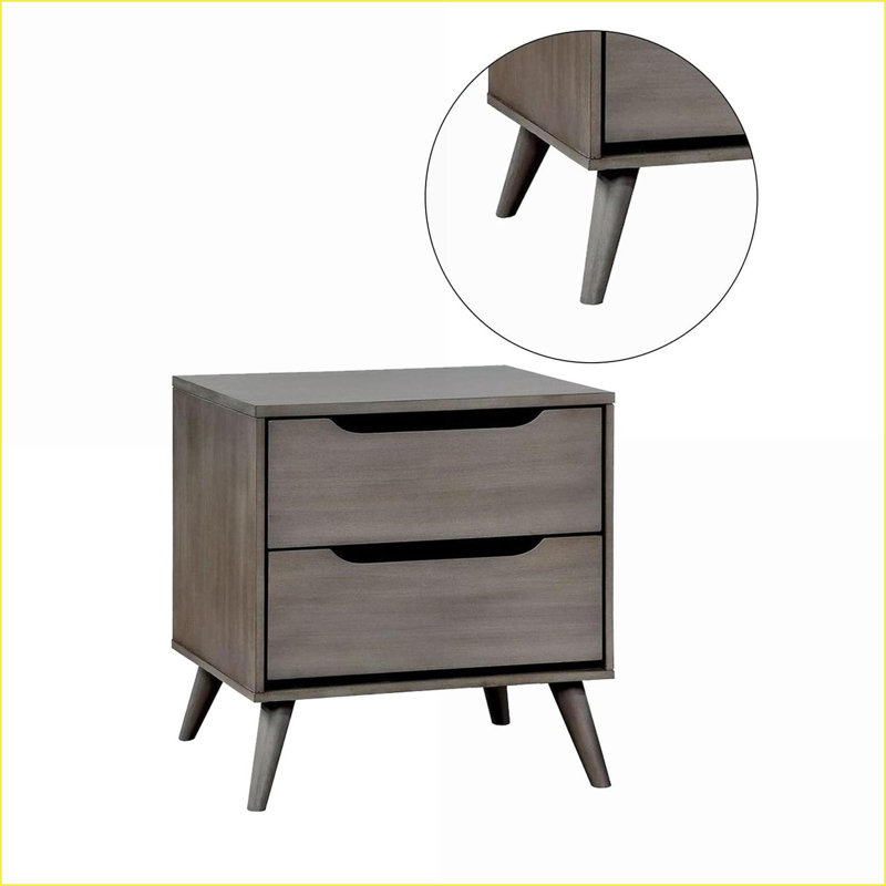Table de chevet 2 tiroirs Mid-Century moderne grise avec pieds fuselés en bois massif, Gris