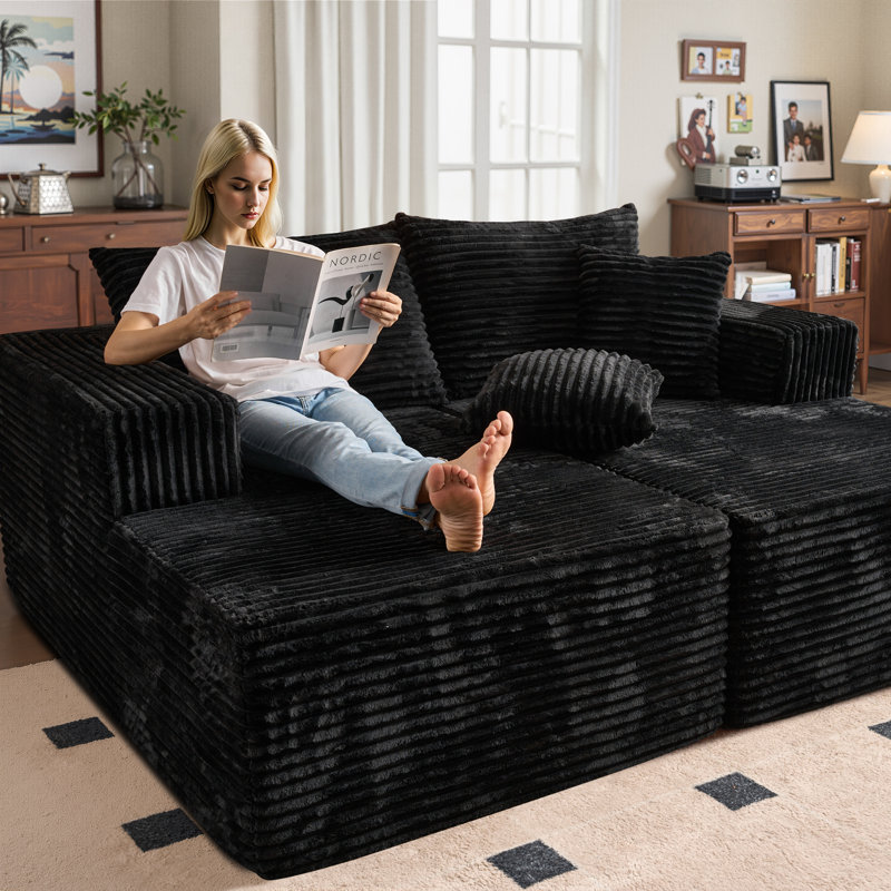 74.8" Plush Corduroy Modular Boneless Floor Sofa With Double Chaise — No Assembly, Fluffy Deep Seat Sleeper Couch Bed, Black