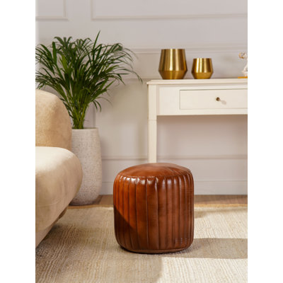 POUF BRUN EN CUIR BRUN FABRIQUÉ À LA MAIN - 14 po x 14 po x 14 po, de forme ronde, de couleur brune unie, en cuir de buffle Genunie, en coton recyclé, rembourré pour le salon, la salle d'étude, Patio et bureau